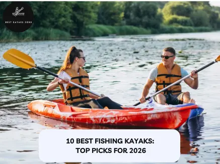 Two anglers kayak fishing on a lake with paddles and life jackets